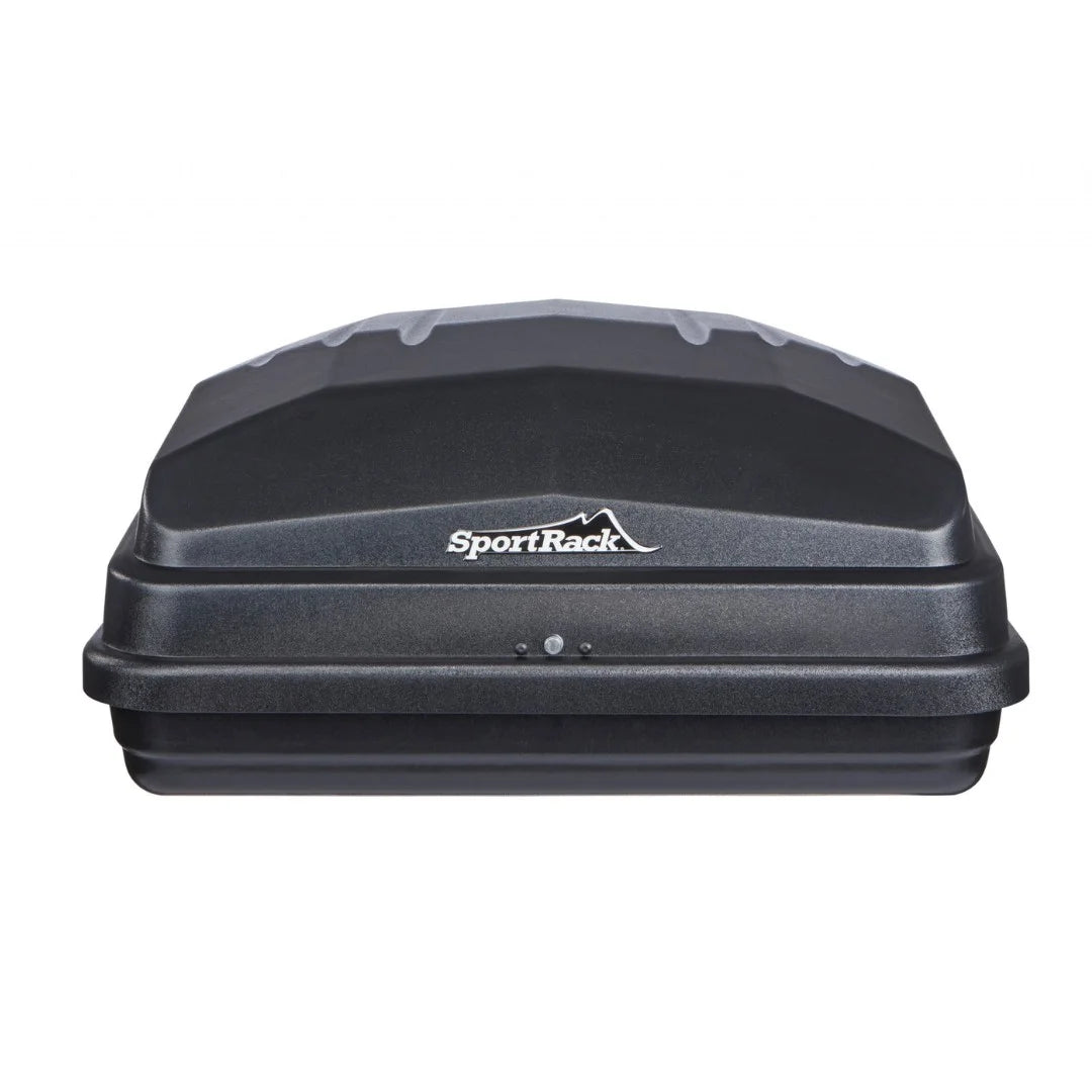 Rear view of the Vista XL cargo box mounted on the roof showing rear-opening design.