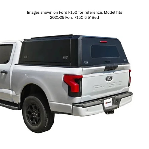 Stainless steel overland canopy rear side view on 2021–2025 Ford F150 6.5' bed, powder-coated black finish