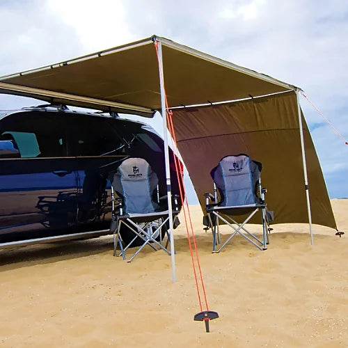 Full camping setup with Sunseeker Side Wall and awning providing shaded seating