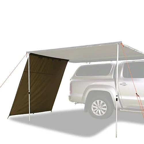 Sunseeker Awning Side Wall providing angled side coverage on mounted awning over silver truck