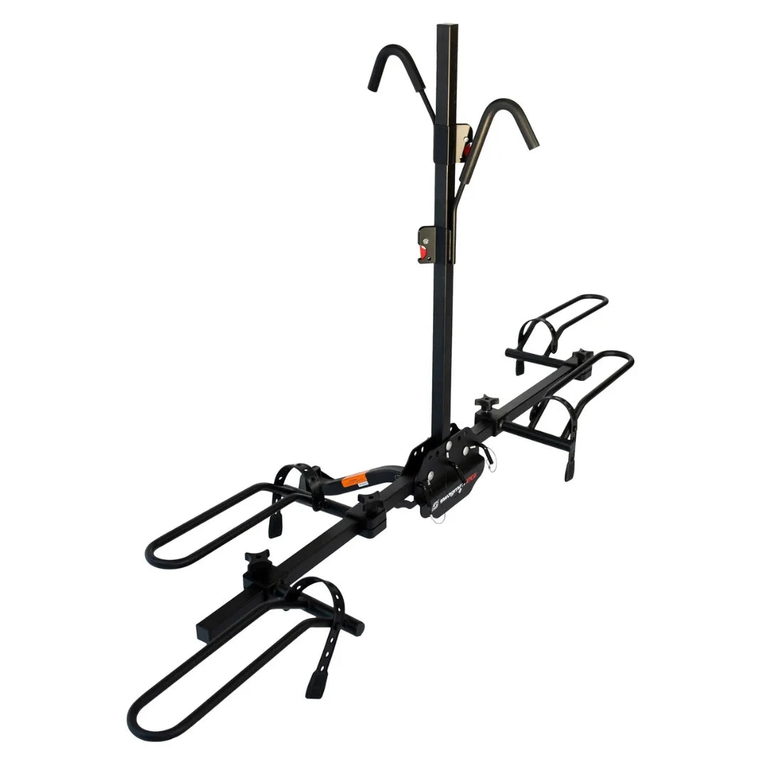 Swagman XTC2 bike rack shown from the side with two cradles for mounting bikes.