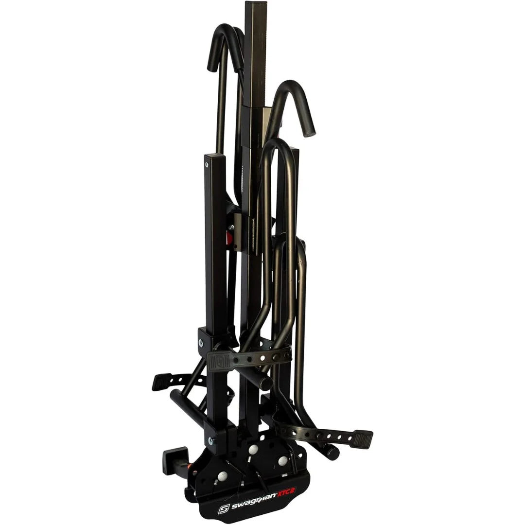 Swagman XTC bike rack folded vertically for compact storage when not in use.