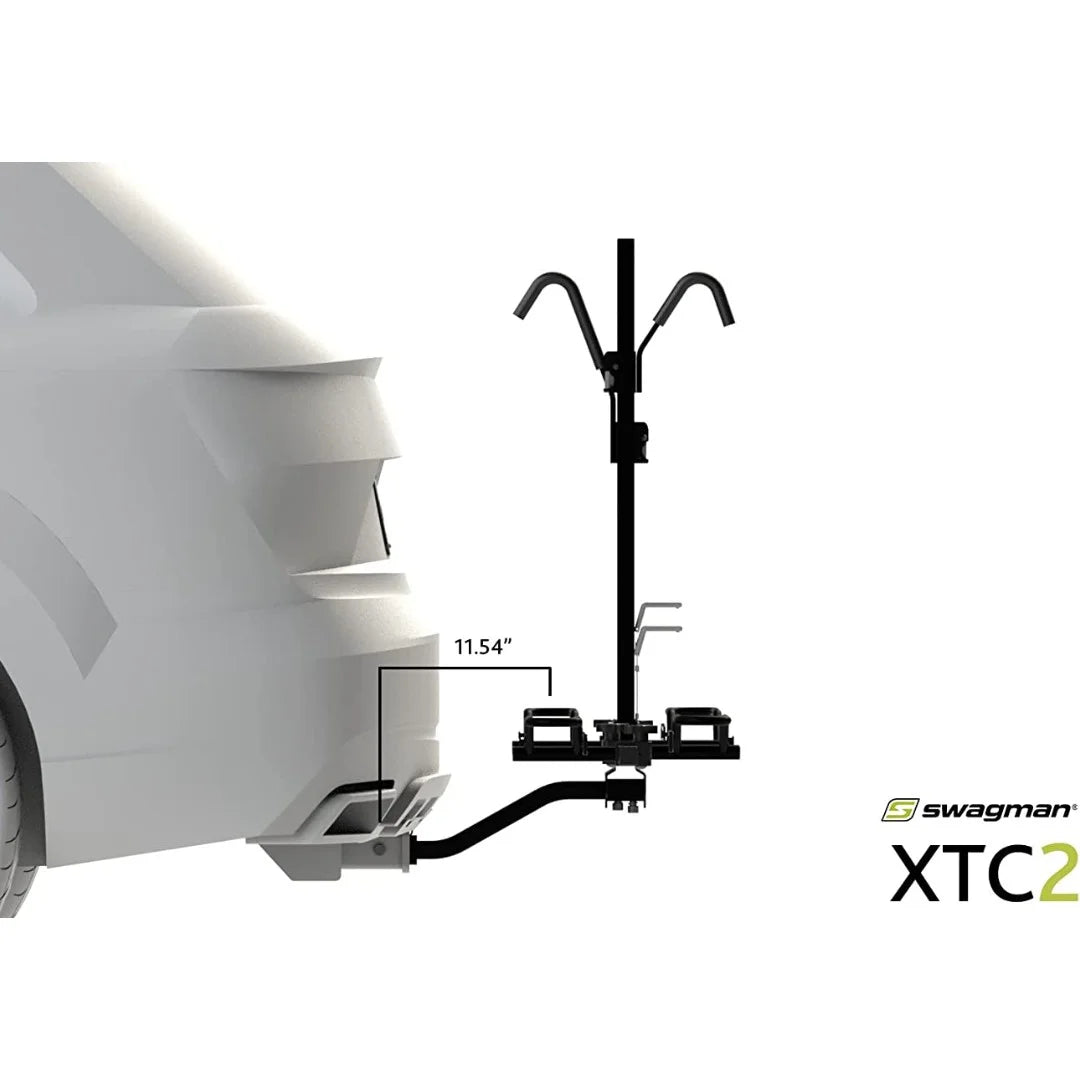 Diagram of Swagman XTC2 bike rack installed on a vehicle with tilt-down measurement.