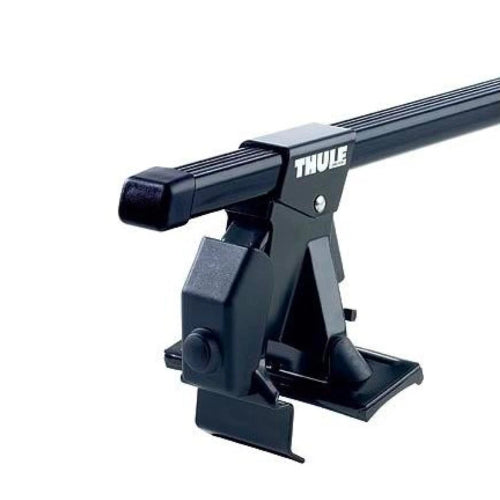 Thule 950 Complete Crossroad System mounted on vehicle roof showing foot pack and cross bar in black finish