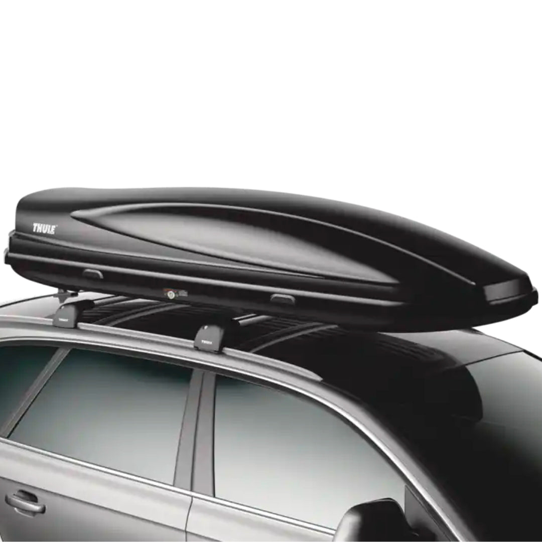 Top-down view of Thule Convoy XT box mounted on a silver vehicle, emphasizing fit and placement