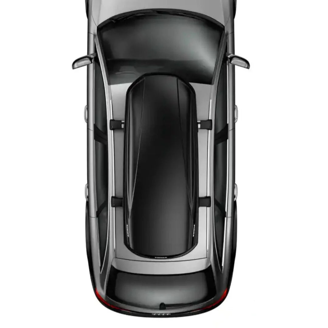 Overhead view of Thule Convoy XT mounted on car roof showing box alignment and size