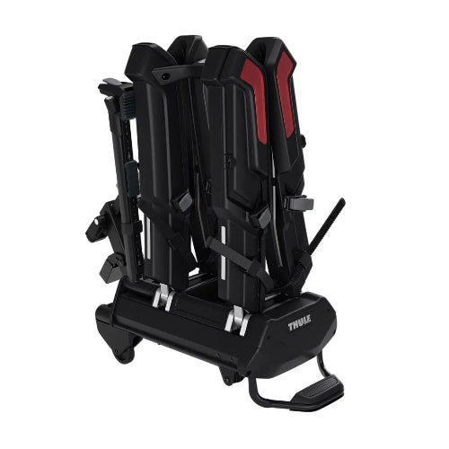 Thule Epos hitch bike rack in folded upright position for compact storage