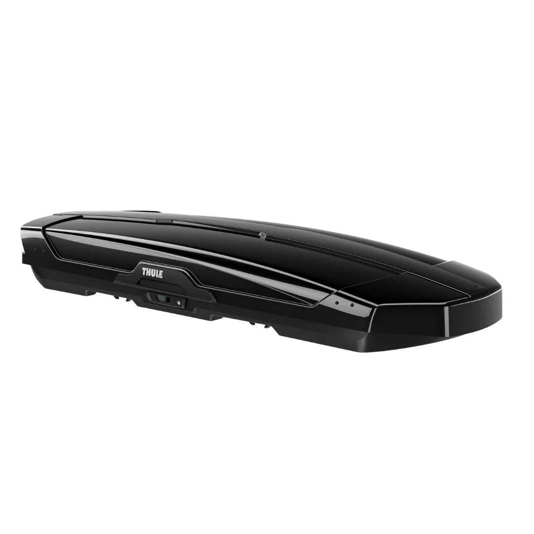 Side view of the Thule Motion XT Alpine rooftop cargo box in glossy black finish.