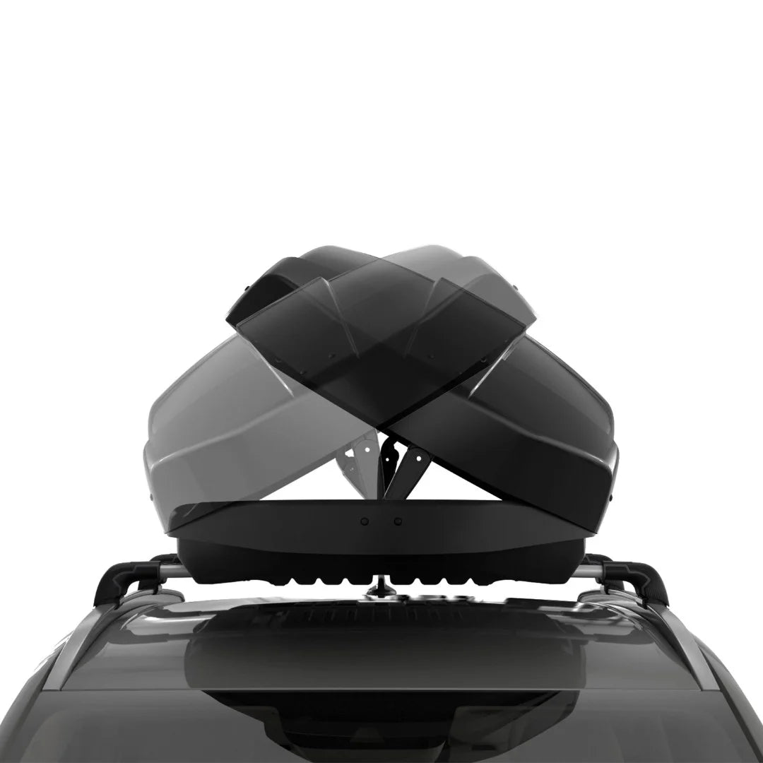 Thule Motion XT Alpine cargo box open from both sides, showing dual side-opening feature.