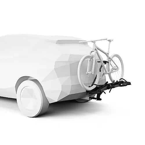 3D render of Thule OutPace bike rack mounted on car carrying a bicycle