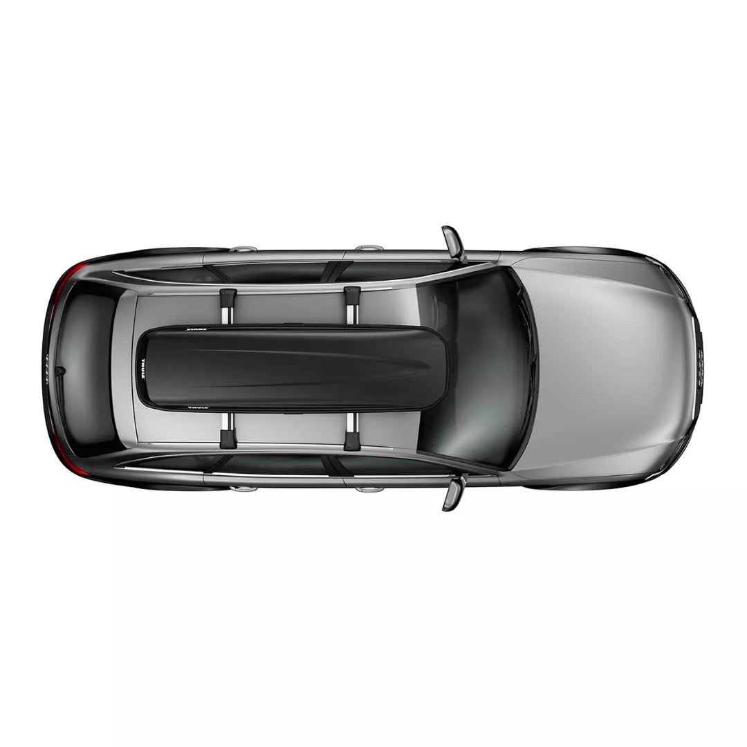 Rear overhead view of Thule Pulse cargo box on a dark SUV, showing placement and rack fit.
