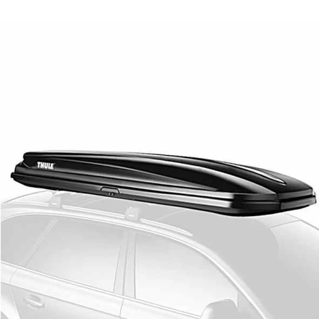 Rear angled view of Thule Pulse box on a white vehicle roof.