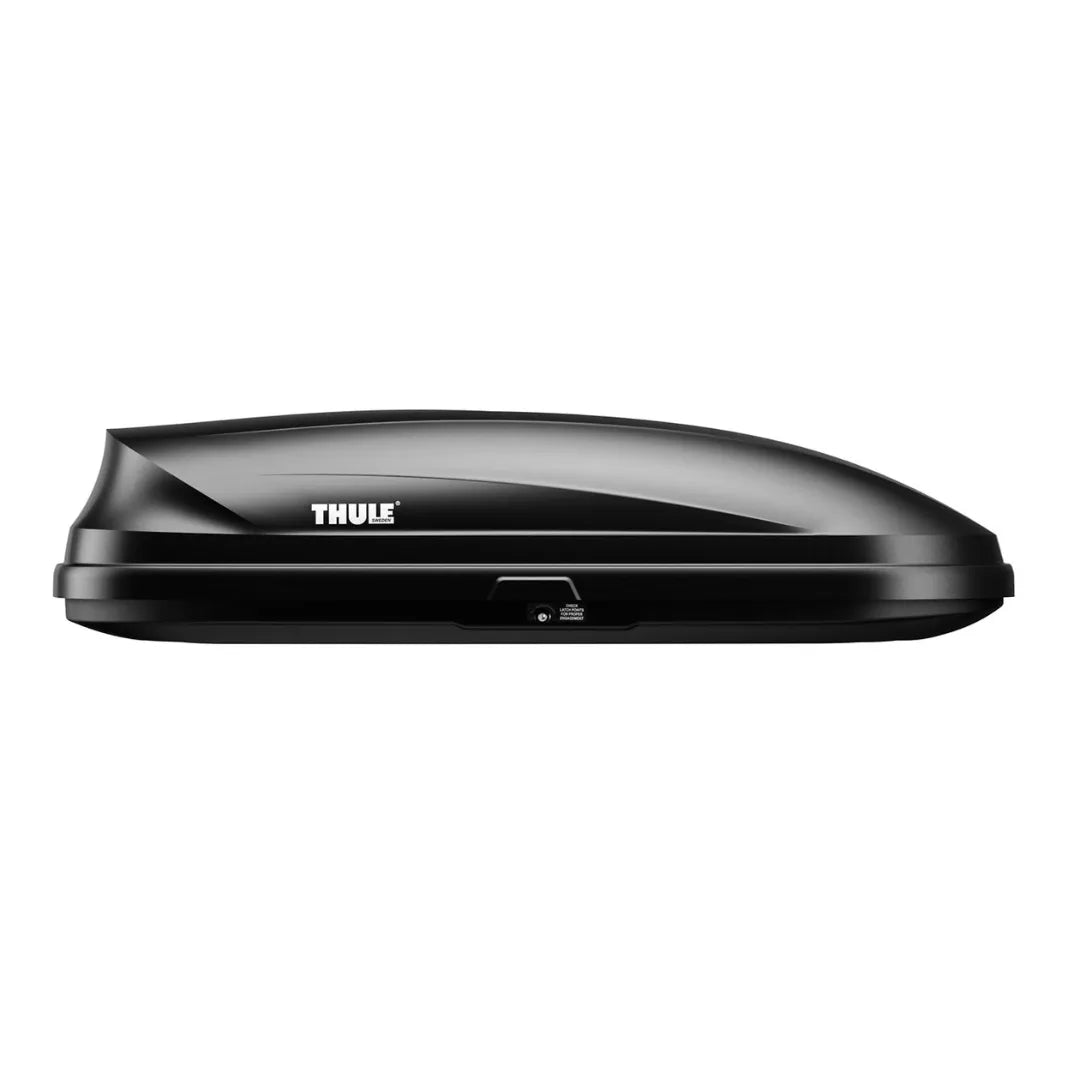 Side view of the Thule Pulse cargo box in black, showing its aerodynamic design.