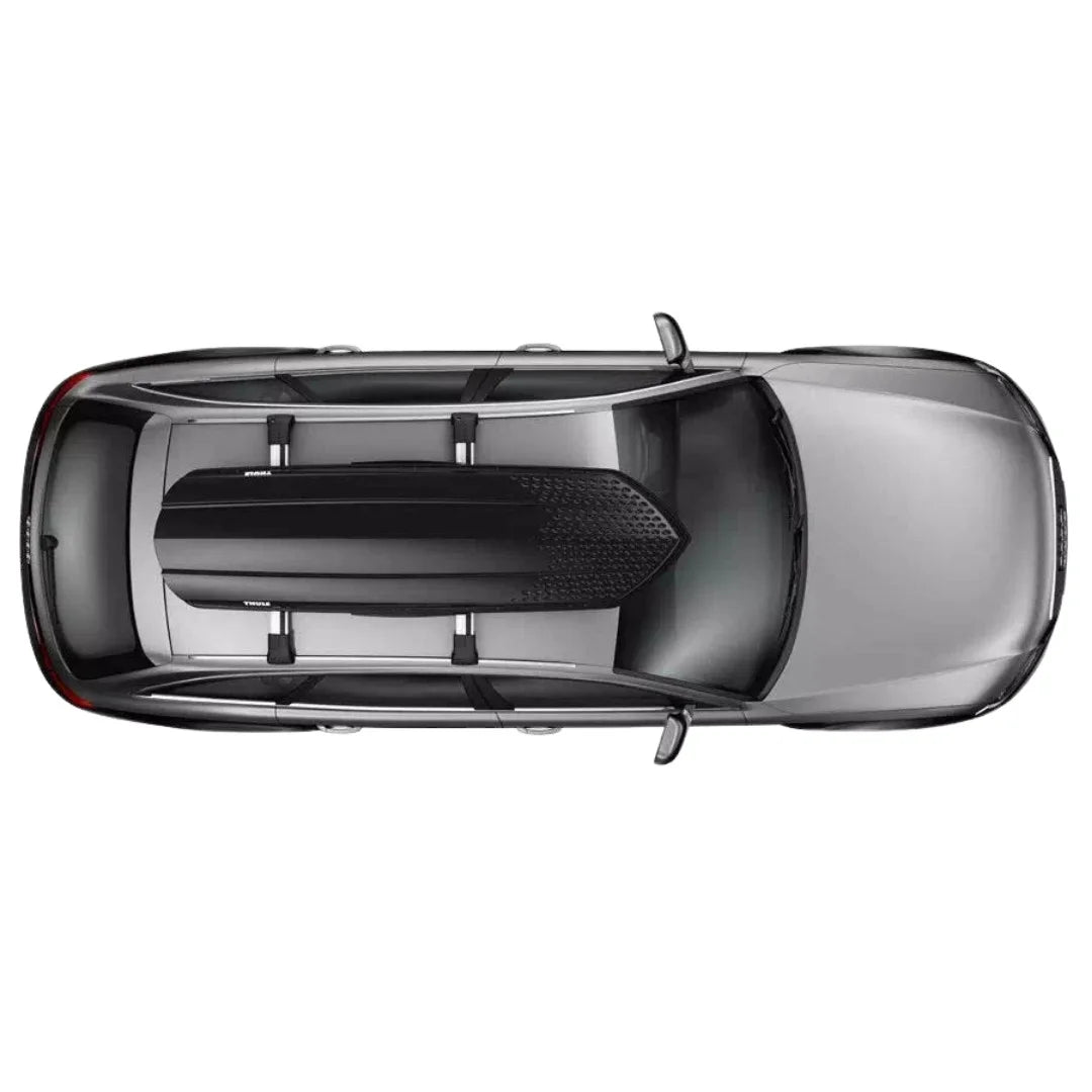 Top view of Thule Sonic alpine black cargo box mounted on vehicle roof
