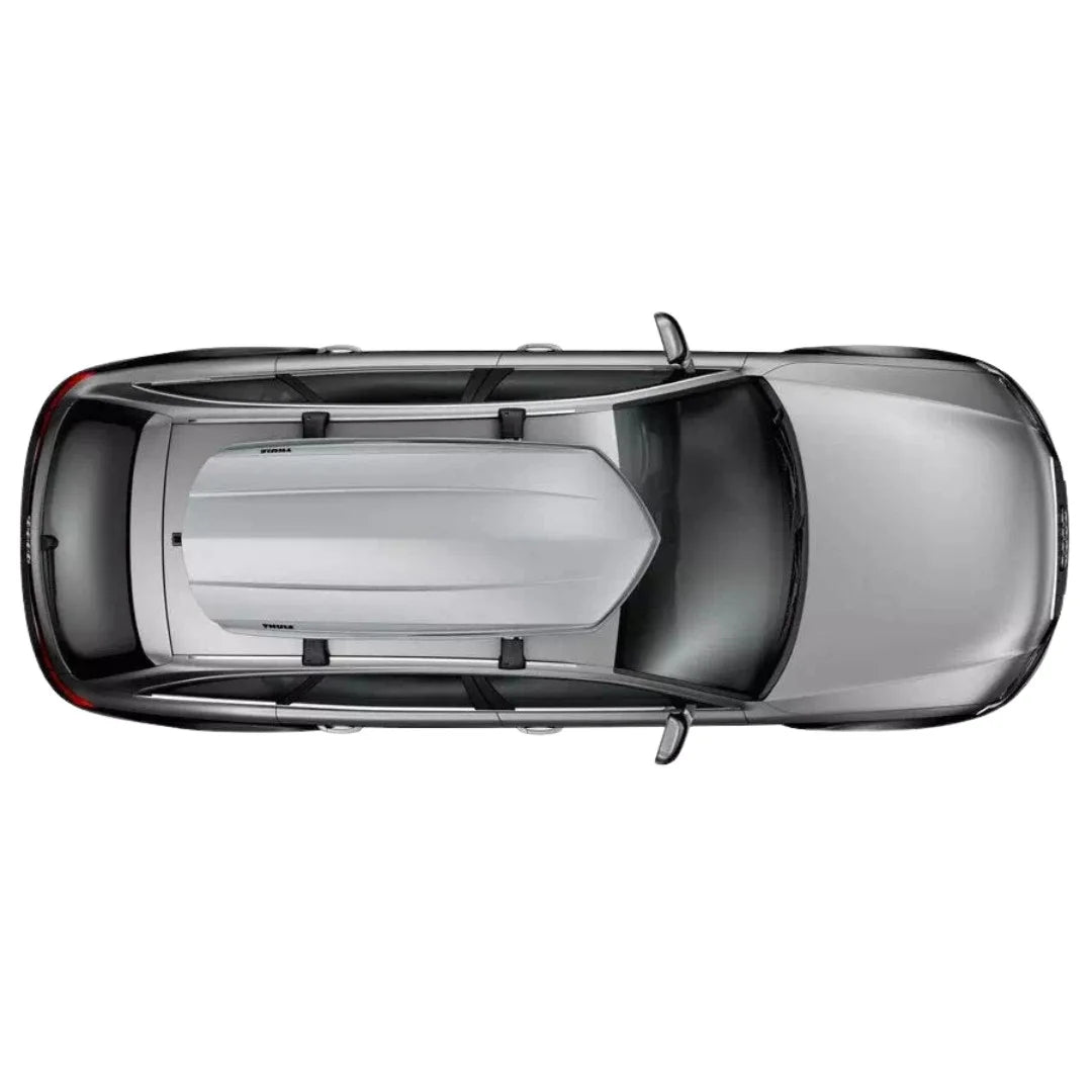 Top view of Thule Sonic Alpine cargo box installed on vehicle roof