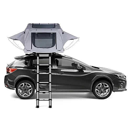 Rear view of Thule Tepui Ayer 2 rooftop tent with ladder extended and full window exposure