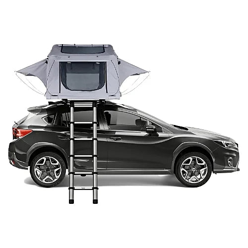 Rear symmetrical view of Thule Tepui Ayer 2 rooftop tent with ladder extended and mesh windows open