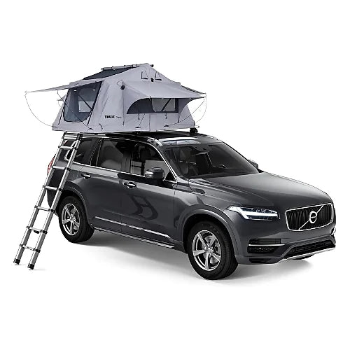 Side angle of Thule Tepui Explorer Ayer 2 tent on Volvo SUV with fully extended ladder