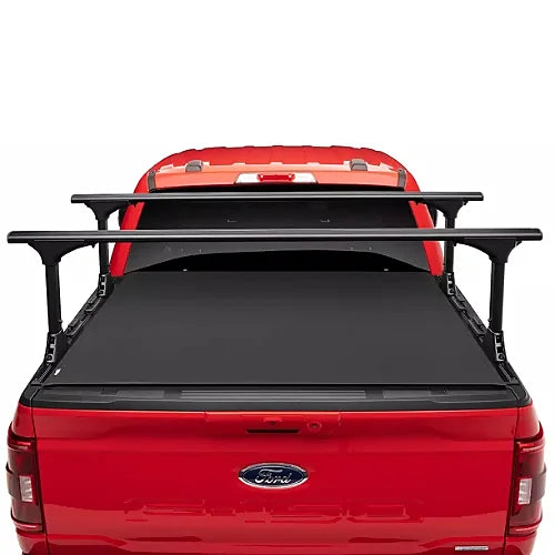 Truxedo Elevate Rack mounted above closed tonneau cover on red Ford truck