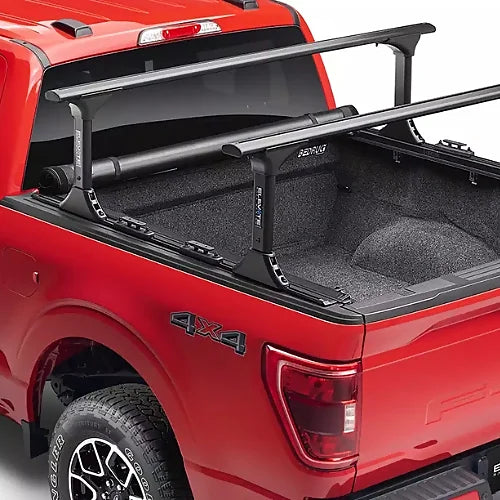 Truxedo Elevate FS Rack installed on red Ford F-150 with open bed and no tonneau