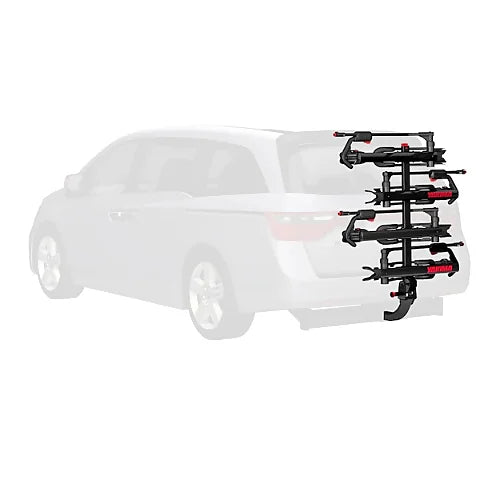 Yakima HoldUp +2 bike rack folded up on hitch mount for compact rear vehicle storage