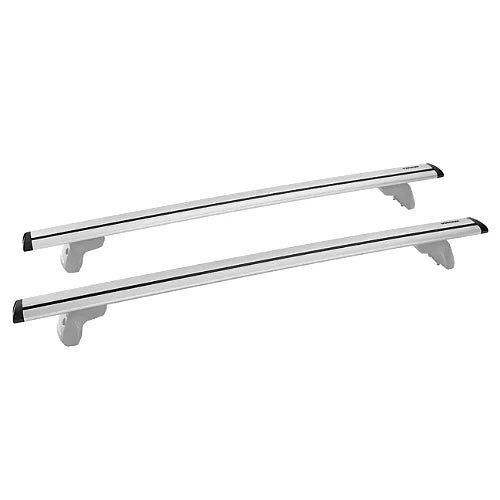 Pair of Yakima JetStream silver aerodynamic roof rack crossbars with endcaps for quiet, streamlined vehicle mounting