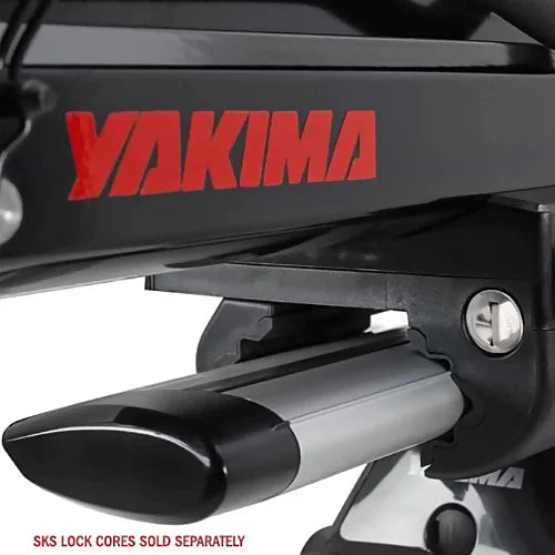 Yakima ShowDown kayak mount close-up showing SKS lock core system for security.