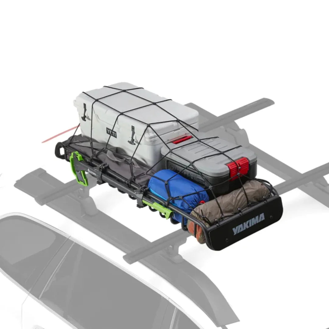 Overhead vehicle view with Yakima basket carrying camping and travel gear.
