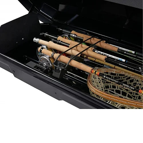 Interior of Yakima TopWater box showing multiple rigged fishing rods and net secured with retention strap