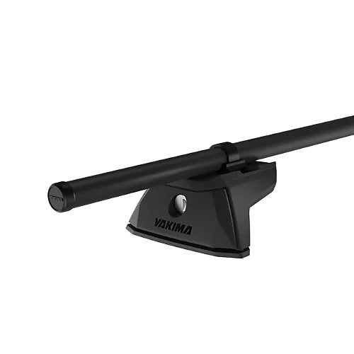 Yakima TrackTower base connected to classic Yakima RoundBar for secure track-mounted rack systems