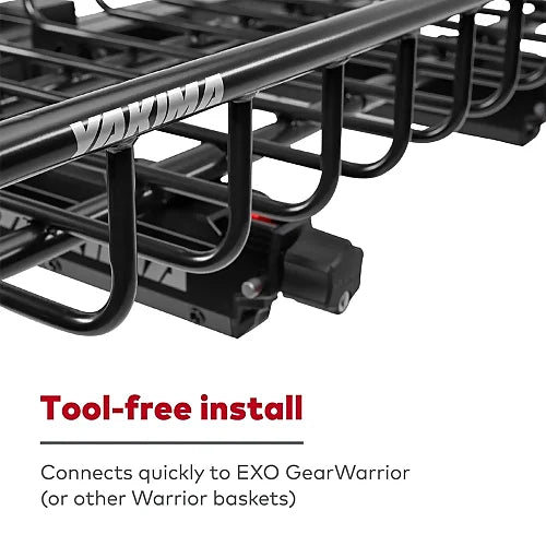 Close-up of Yakima WarriorWheels tool-free install connection to EXO GearWarrior basket – black powder-coated steel and Yakima branding visible