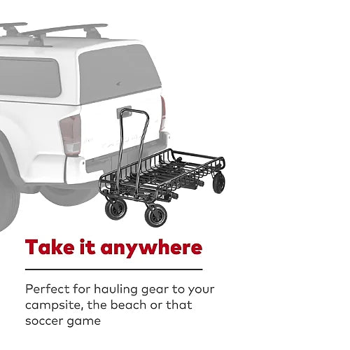 Yakima WarriorWheels cart attached to rear vehicle hitch, shown hauling gear in beach and sports use scenarios – take-anywhere gear cart visual