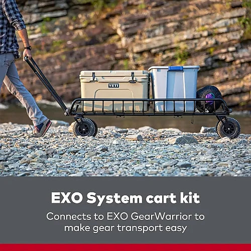 Yakima WarriorWheels cart loaded with cooler, bins, and camping gear rolling over rocky terrain – EXO system gear hauler in action for Canadian adventurers