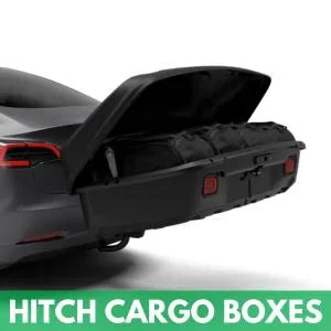Car with rear-mounted hitch cargo box open for loading travel and camping gear – secure waterproof storage solution for road trips