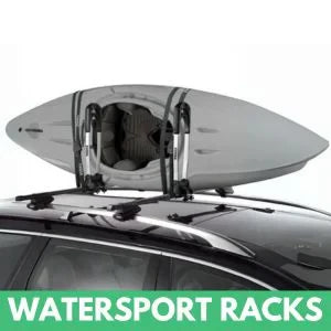 Car roof with kayak secured in rooftop watersport rack – ideal for transporting kayaks, canoes, and paddleboards with premium roof carriers