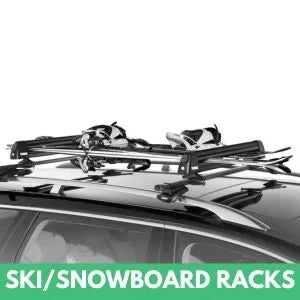 Roof-mounted ski and snowboard rack carrying gear on SUV – Thule-style carrier for winter sports transportation, ski rack Canada