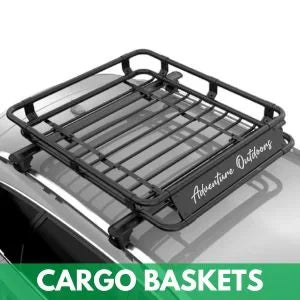 Adventure Outdoors black steel roof cargo basket mounted on SUV crossbars for overlanding, gear hauling, and vehicle storage solutions