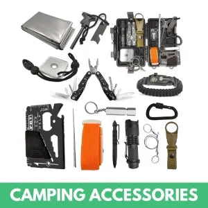 Compact camping accessories including survival tools, thermal blanket, fire-starters, multitools, flashlight, paracord bracelet, and outdoor emergency gear kit