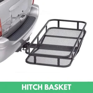 Heavy-duty hitch cargo basket mounted on SUV, ideal for extra rear vehicle storage, gear hauling, and overlanding.