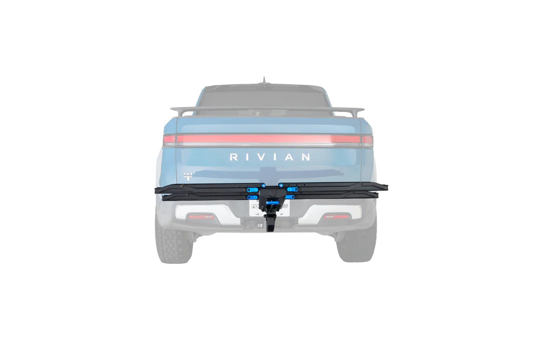 Rivian vehicle rear end with visible branding on a white background