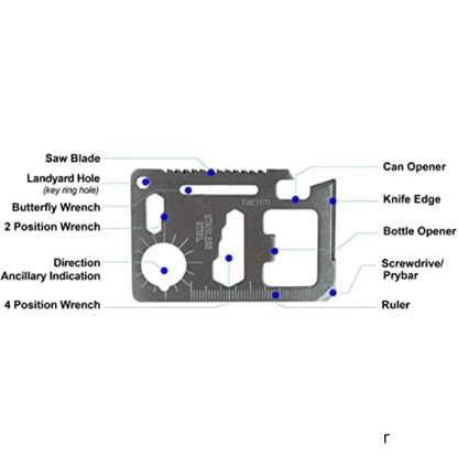 Diagram labeling all 11 functions of the saber card multi-tool, including saw blade and screwdrivers
