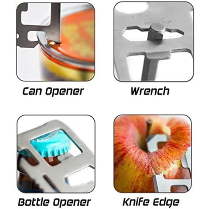 Infographic showing saber card being used as can opener, wrench, bottle opener, and knife edge