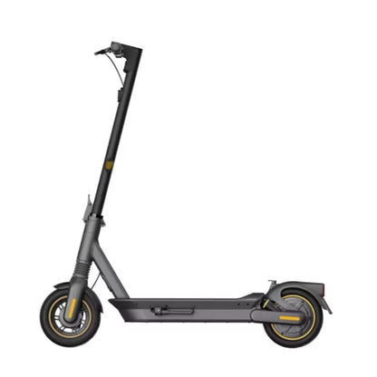 Side profile view of the Segway Ninebot KickScooter Max G2 with yellow-accented wheels and sleek black frame
