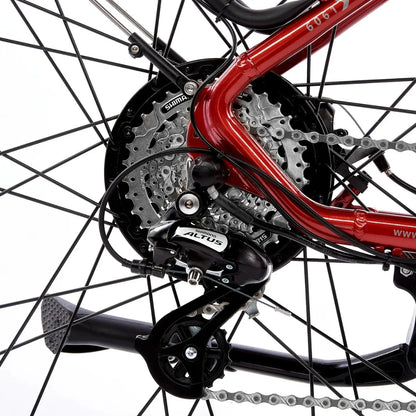 Zoomed-in view of Shimano Altus derailleur and rear gear cassette on the iGO Core Elite 3D