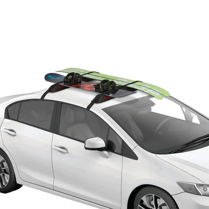 Yakima EasyTop Temporary Roof Rack holding skis and surfboard on car