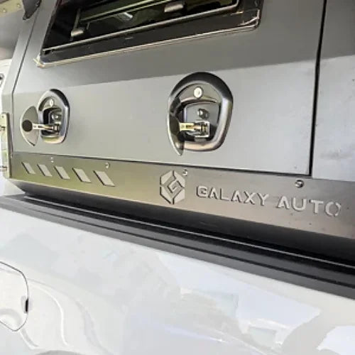 Close-up view of latches and panel hardware on 4th Gen truck camper