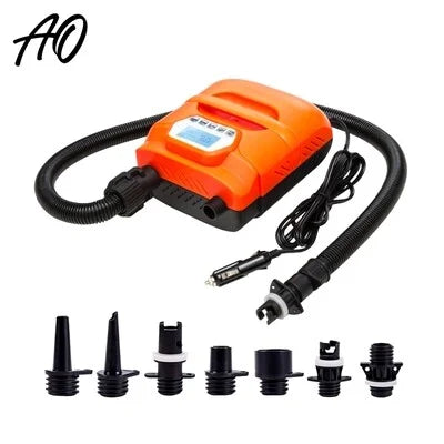 Orange AO electric pump with digital display, flexible hose, car power cord, and multiple nozzle adapters shown on white background

