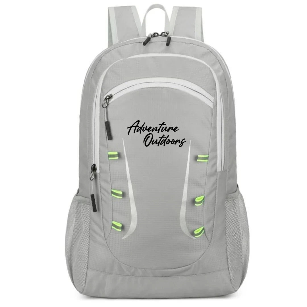 Light grey Adventure Outdoors foldable hiking backpack shown front-facing

