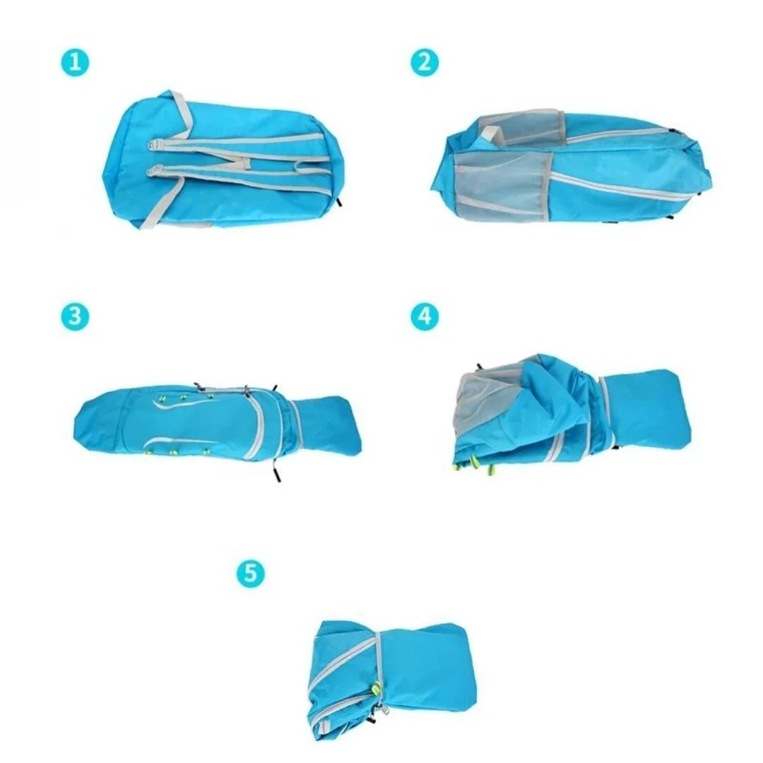 Step-by-step images of blue Adventure Outdoors backpack folding process
