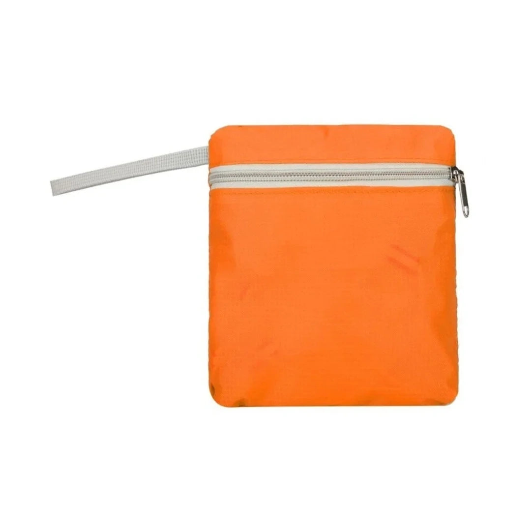 Compact orange Adventure Outdoors backpack folded into small zippered pouch